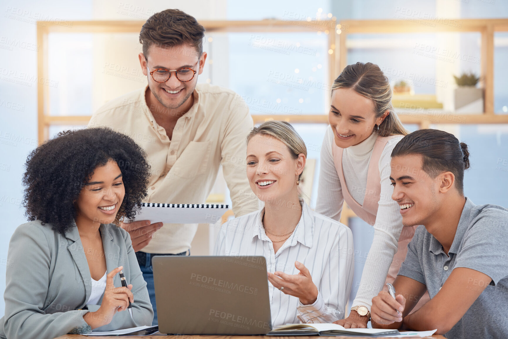 Buy stock photo Business team, meeting and laptop for collaboration, teamwork and discussion for marketing management presentation idea. Men and women talking about SEO research, goals and motivation for project