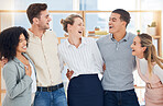 Office, diversity and group of business people hug for team building, teamwork and collaboration. Happy, smile and staff members embrace together for motivation, goals or vision in company workplace.