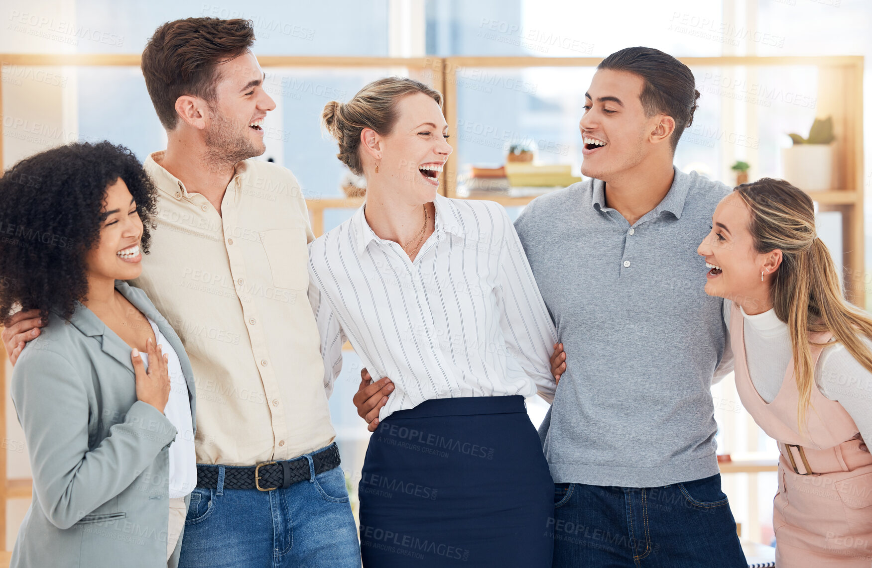 Buy stock photo Office, diversity and group of business people hug for team building, teamwork and collaboration. Happy, smile and staff members embrace together for motivation, goals or vision in company workplace.
