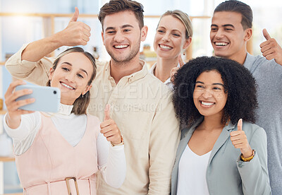 Buy stock photo Selfie, thumbs up and business people with a phone for team building, partnership and collaboration in an office at work. Thank you, vote and hand of workers for photo on social media with a mobile