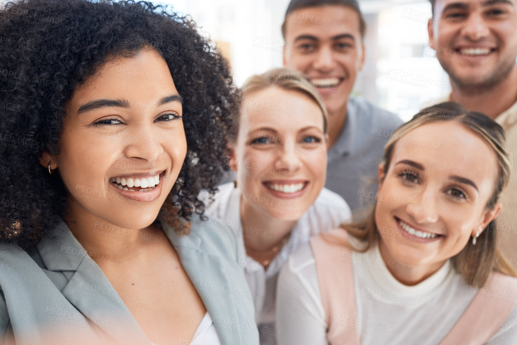 Buy stock photo Selfie, smile and business people happy about partnership, collaboration and teamwork in an office at work. Face portrait of corporate, working and workers with a photo while meeting at a company