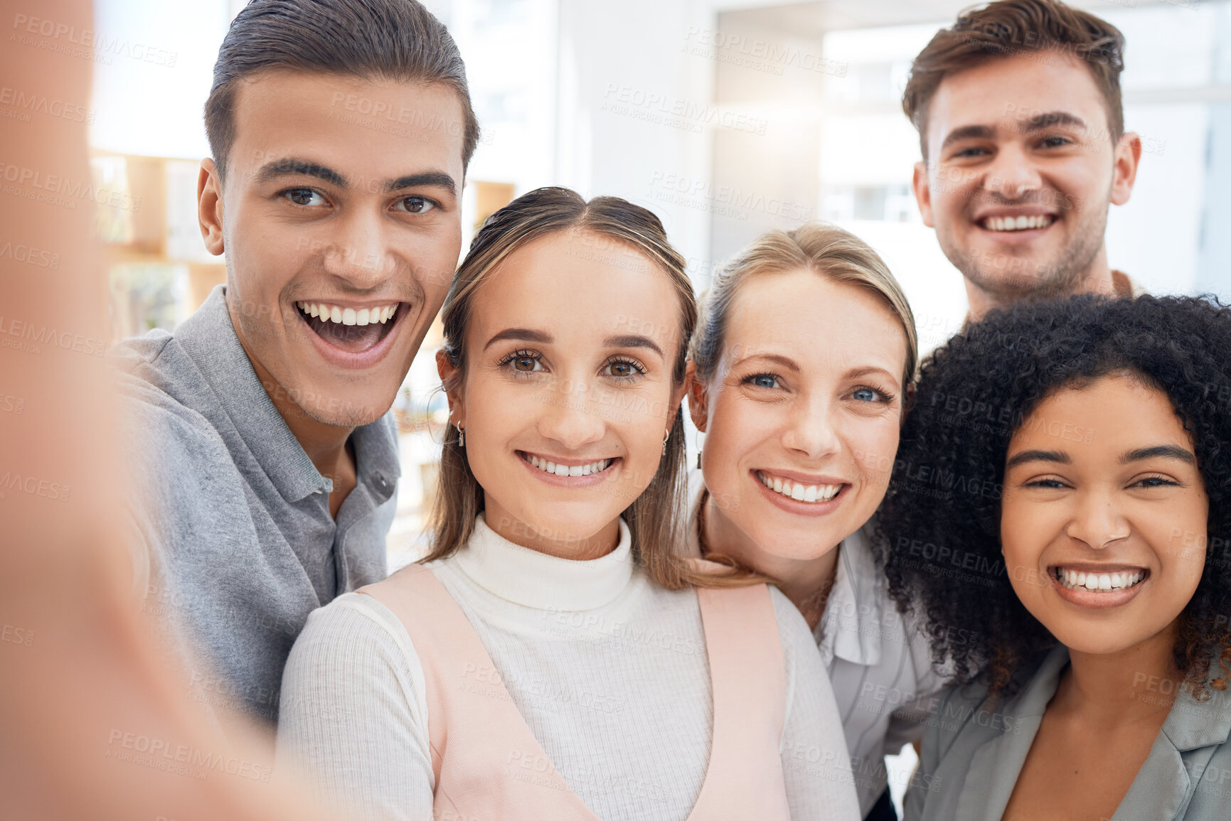 Buy stock photo Selfie, friends or teamwork with a business man and woman group posing for a picture in an office together. Meeting, success and collaboration with a male and female employee team taking a photograph