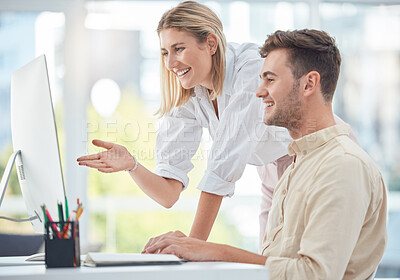 Buy stock photo Teamwork, training and human resources with a business woman helping a man colleague in the office. Computer, manager and mentor with a female employee working with a male coworker on a project