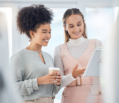 Buy stock photo Business woman, tablet or teamwork collaboration in digital marketing office, advertising startup or logo design creative company. Smile, happy or talking designers with technology for website ux faq