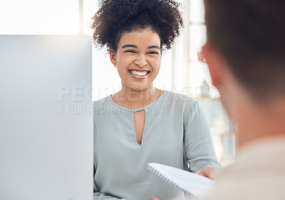 Buy stock photo Report, smile and business woman giving a document to a manager while working on a computer. Corporate, happy and African worker with documents for marketing while talking to an employee at work