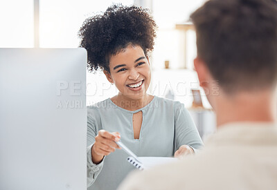 Buy stock photo Interview, contract and recruitment woman in office with job candidate for company onboarding. Hiring, hr and resume meeting with black woman recruiter in workplace with  potential employee.
