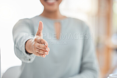 Buy stock photo Welcome, meeting or deal handshake of woman for respect, cooperation and greeting at business. Interview, b2b or partnership of professional employee with hand reaching for work agreement. 

