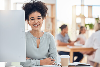 Buy stock photo Happy, satisfied and confident with a black woman in business sitting at her desk in the office. Company, success and vision with a happy female employee working on a computer with a carefree smile