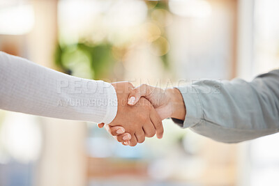 Buy stock photo Business people shaking hands, meeting and consulting, networking and hiring agreement, partnership goals or office onboarding. Welcome handshake, hr worker promotion or b2b management support deal 