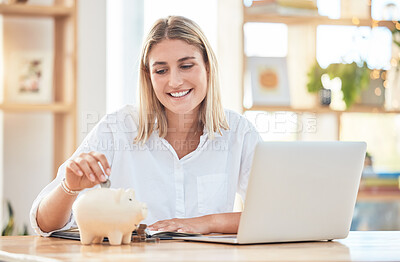 Buy stock photo Finance, piggybank and business woman with money for savings, investment and budget in office at work. Accounting, planning and employee with a financial strategy, insurance and banking with a laptop