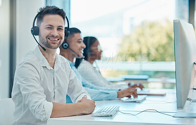 Buy stock photo Call center, telemarketing and smile of a crm consultant working, giving advice and in communication on a computer. Portrait of a customer service worker happy about online support on the web
