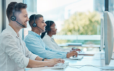 Buy stock photo Man, call center and customer service team on computer, online support or workers at the office with headset. Crm, consultants and telemarketing agents consulting at workplace or company workspace.

