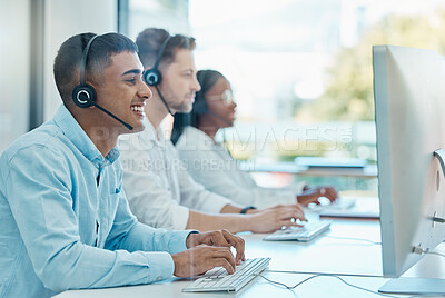 Buy stock photo Call center, consulting and man in telemarketing, crm or support business with a computer in an office at work. Ecommerce, customer service and consultant working on the internet with a smile