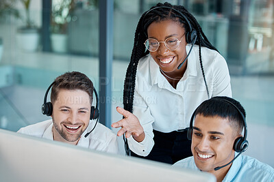 Buy stock photo Call center, telemarketing and crm manager or coach training customer service consultant team in support, sales and ecommerce. Diversity, men and woman talking about contact us website feedback