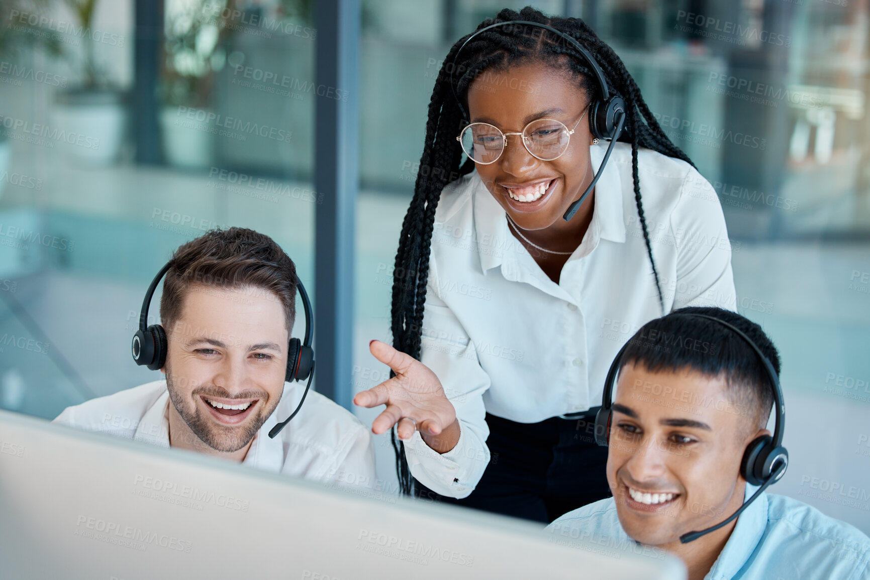 Buy stock photo Call center, telemarketing and crm manager or coach training customer service consultant team in support, sales and ecommerce. Diversity, men and woman talking about contact us website feedback