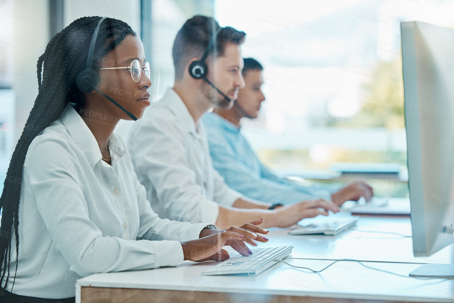Buy stock photo Contact us, telemarketing and crm, black woman at computer in customer service team with headset. Help desk, call center agent or sales consultant, advisory support and consulting online in office.