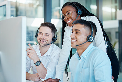 Buy stock photo Customer service, call center or telemarketing team and manager or mentor looking happy reading online feedback or sale on website. Diversity in CRM, support and sales consultant training office