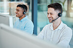 Happy call center, consultant man laugh on customer service phone call and happiness in office. Customer support team, working smile for crm teamwork and sitting at telemarketing computer for help