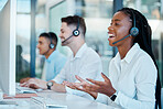 Telemarketing, customer service and call center worker consulting online in sales crm company. Ecommerce, contact us and consultant with internet support, communication and conversation with computer