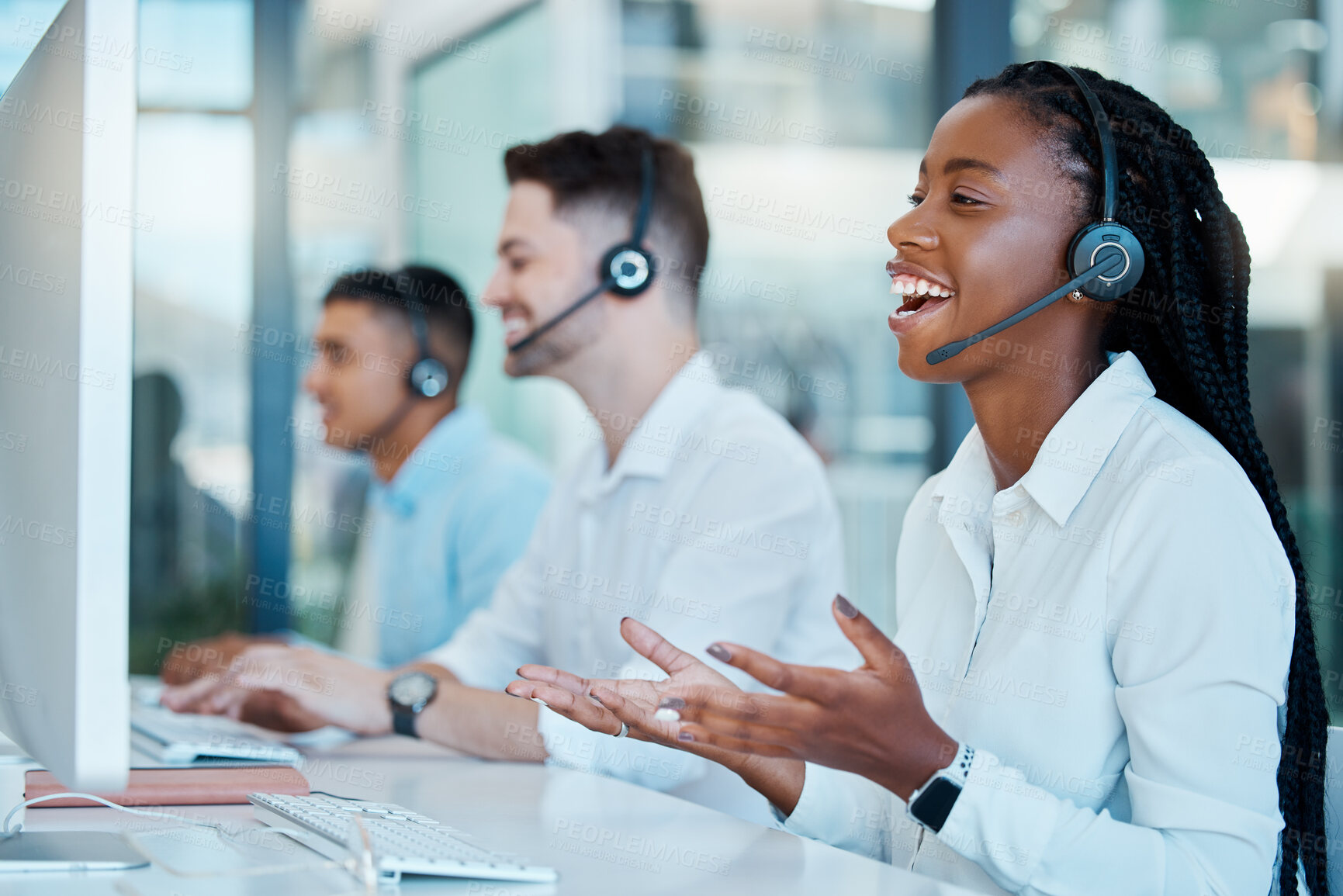 Buy stock photo Telemarketing, customer service and call center worker consulting online in sales crm company. Ecommerce, contact us and consultant with internet support, communication and conversation with computer
