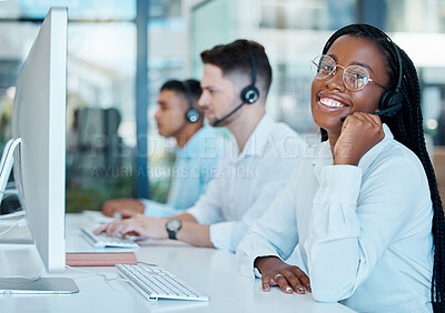 Buy stock photo Call center agent, telemarketing and customer service consultant team wearing headset and happy at crm office. Contact us, sales and customer support with black woman agent for service with smile
