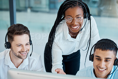 Buy stock photo Call center, training and collaboration with business people in office for telemarketing, consulting and customer support. Collaboration, contact us and coaching with employee at computer help desk 