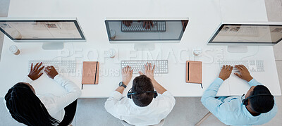 Buy stock photo Top view, call center and consulting doing customer service, headset and computers doing typing in office. Business, coworkers and consultant workers doing client support, telemarketing and speak.