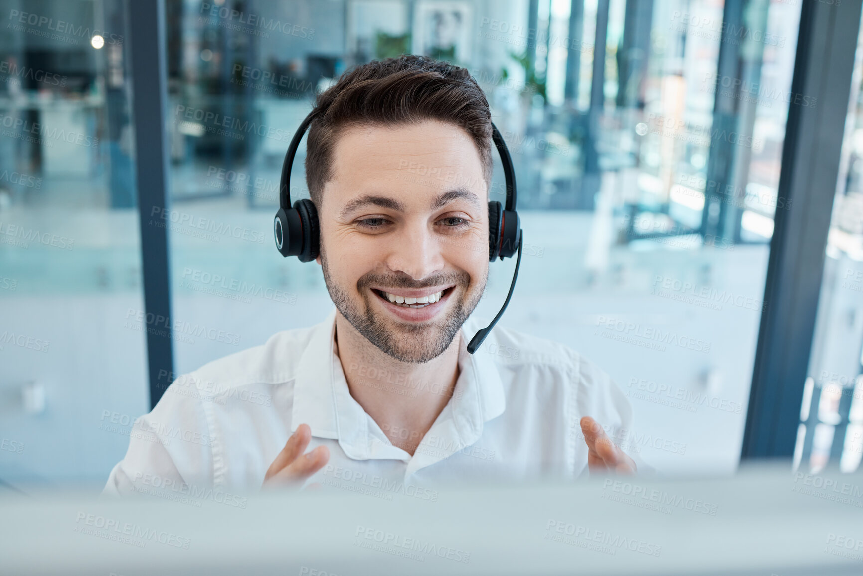 Buy stock photo Customer support, CRM or call center man employee with smile for success customer service, help or support in office. Sales advisor, networking or consultant for contact us or insurance telemarketing