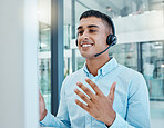 Call center, communication and man with support, help and advice for people with a computer in an office at work. Crm, telemarketing and customer service worker talking and consulting online
