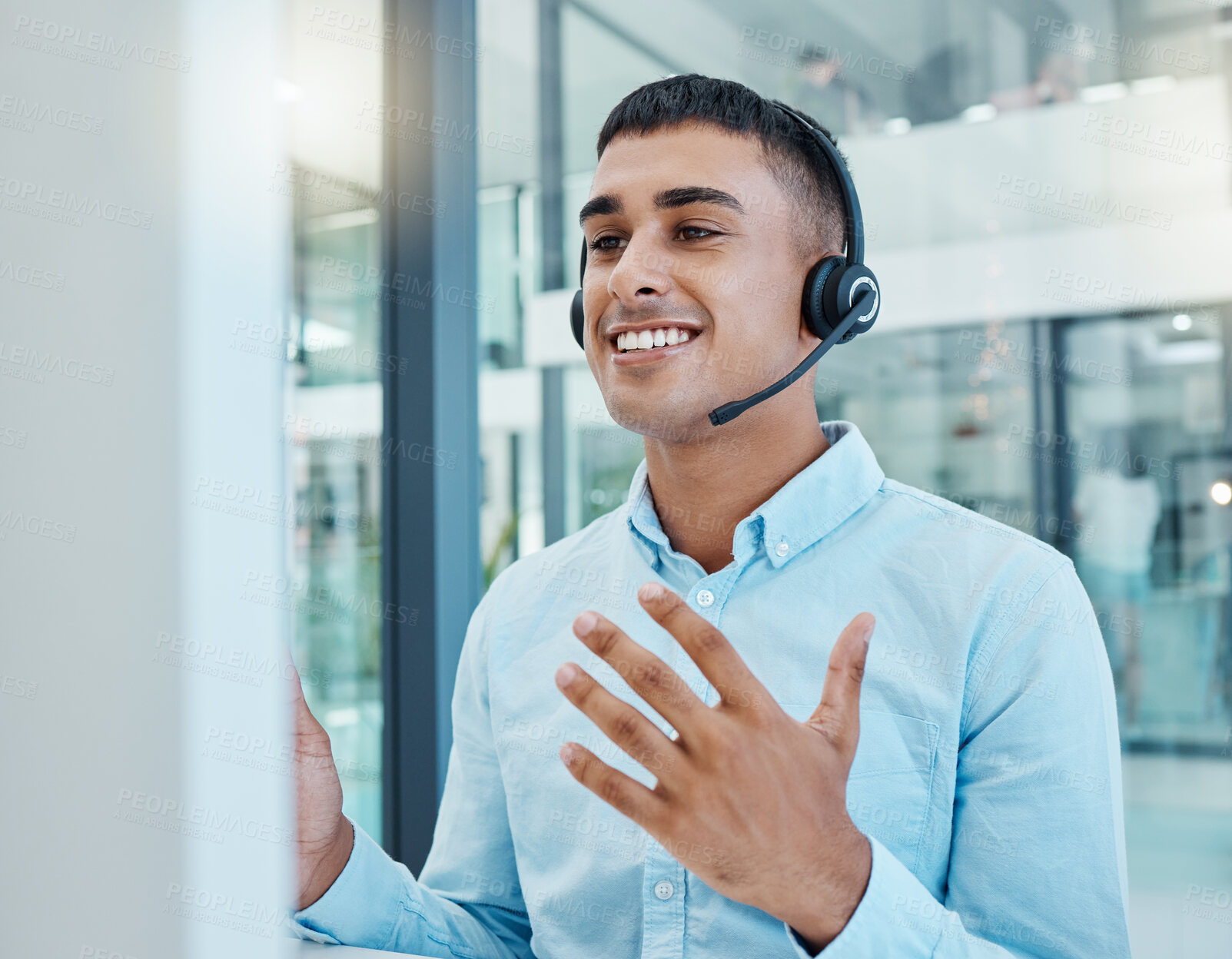 Buy stock photo Call center, communication and man with support, help and advice for people with a computer in an office at work. Crm, telemarketing and customer service worker talking and consulting online