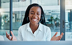 Call center, customer service and video call with black woman for support in telemarketing office. Video conference, employee or female consultant from Nigeria consulting online on computer webinar

