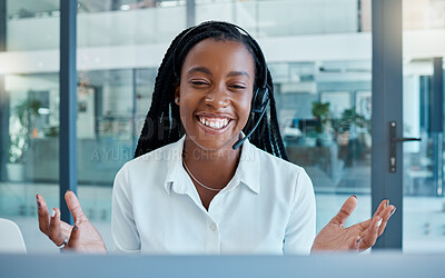 Buy stock photo Call center, customer service and video call with black woman for support in telemarketing office. Video conference, employee or female consultant from Nigeria consulting online on computer webinar

