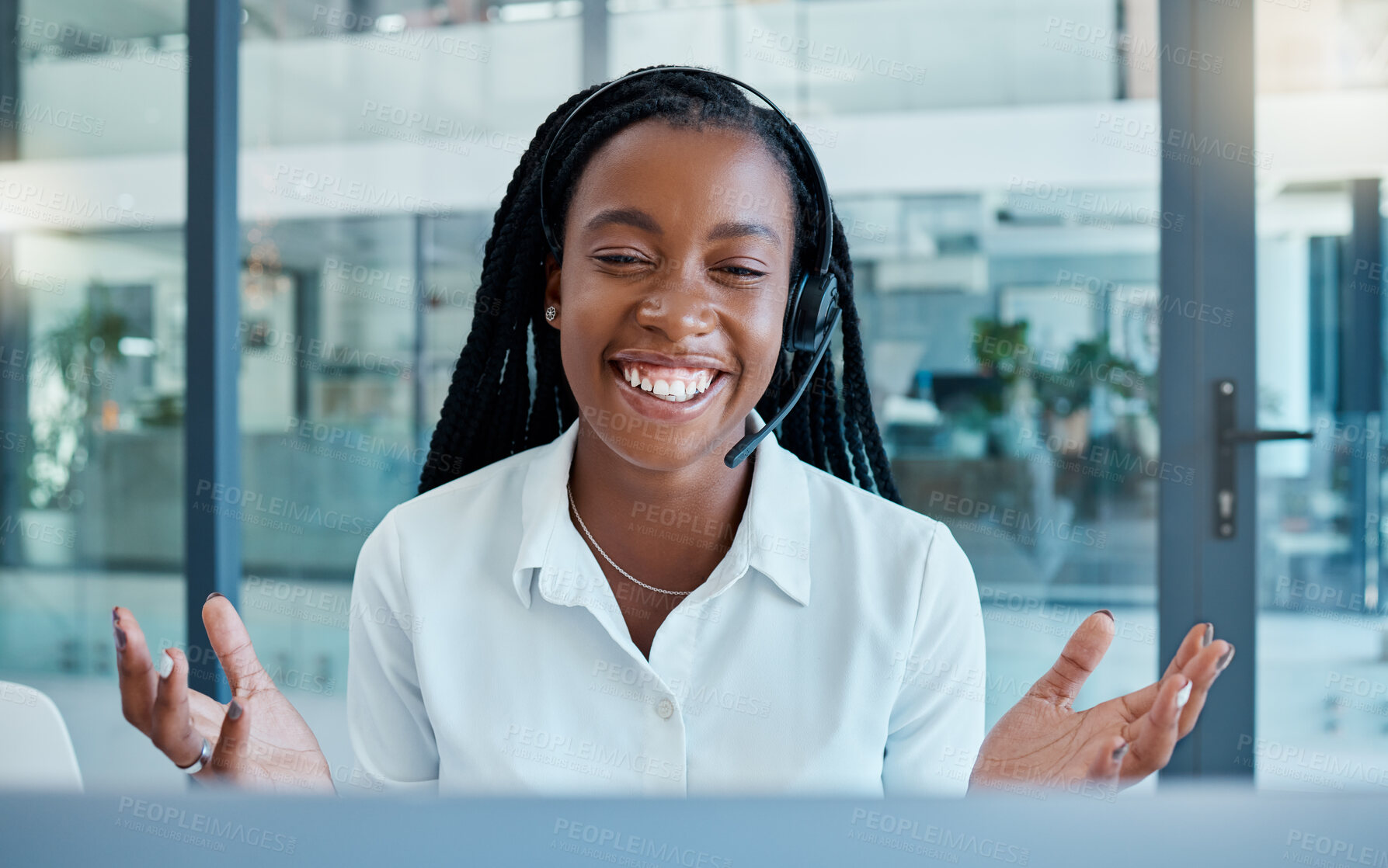 Buy stock photo Call center, customer service and video call with black woman for support in telemarketing office. Video conference, employee or female consultant from Nigeria consulting online on computer webinar

