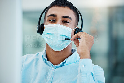 Buy stock photo Covid face mask, businessman or call center computer in crm consulting, telemarketing or Indian customer support company. Contact us, consultant or communication worker on tech in covid 19 compliance