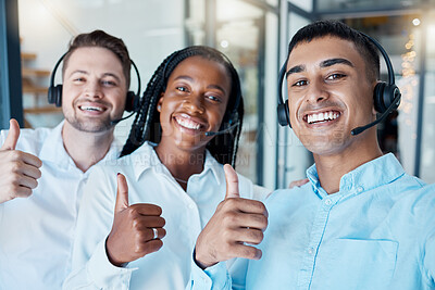 Buy stock photo Diversity, thumbs up and success selfie at call center with  online consultant employees in office. Work, friends and winner photograph smile for sale, customer service and promotion at company.

