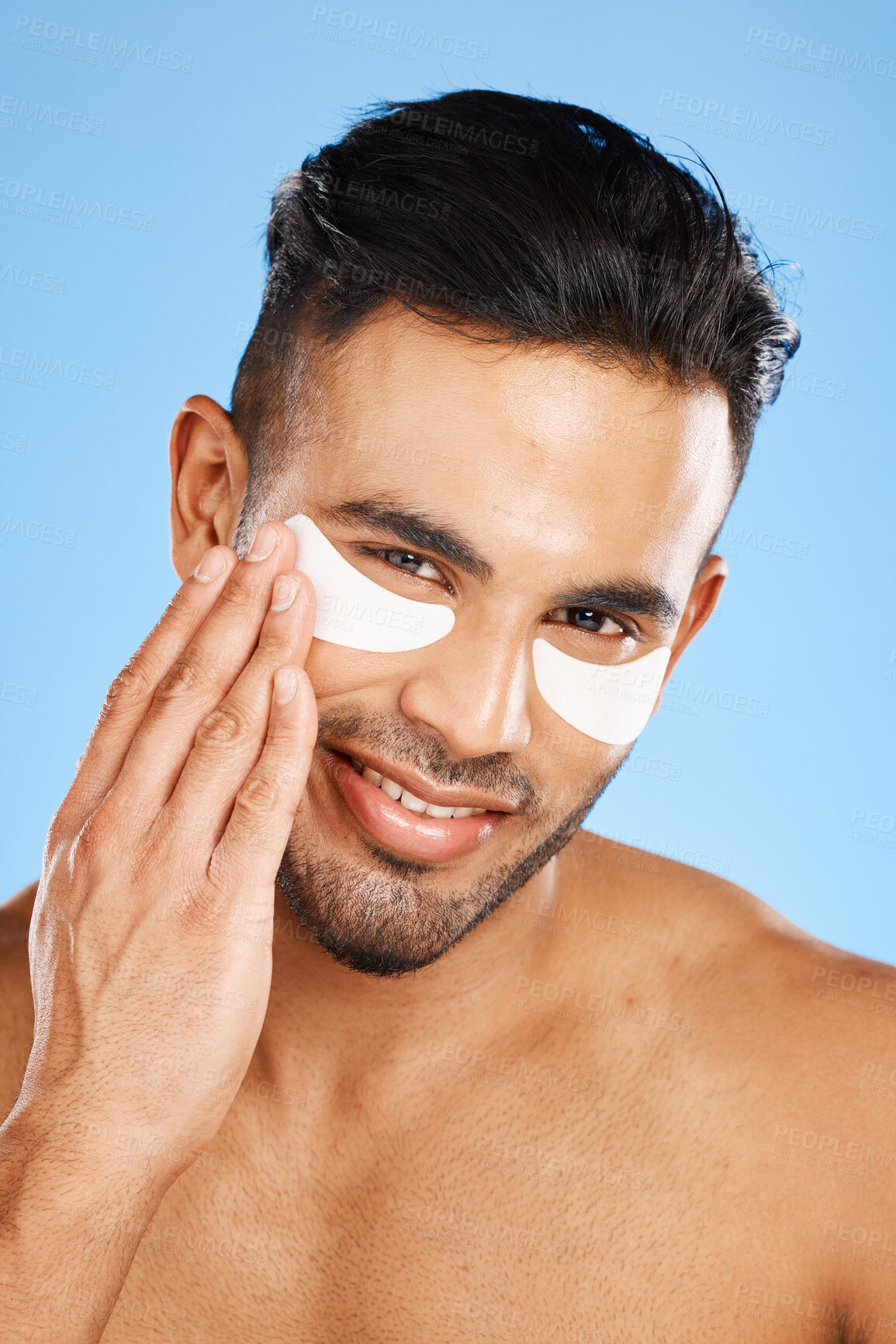 Buy stock photo Man, eye care and cotton patch for skincare, organic facial or wellness for health, body care or clear skin. Portrait, Indian male or natural beauty for anti wrinkle, remove dark circles or face glow