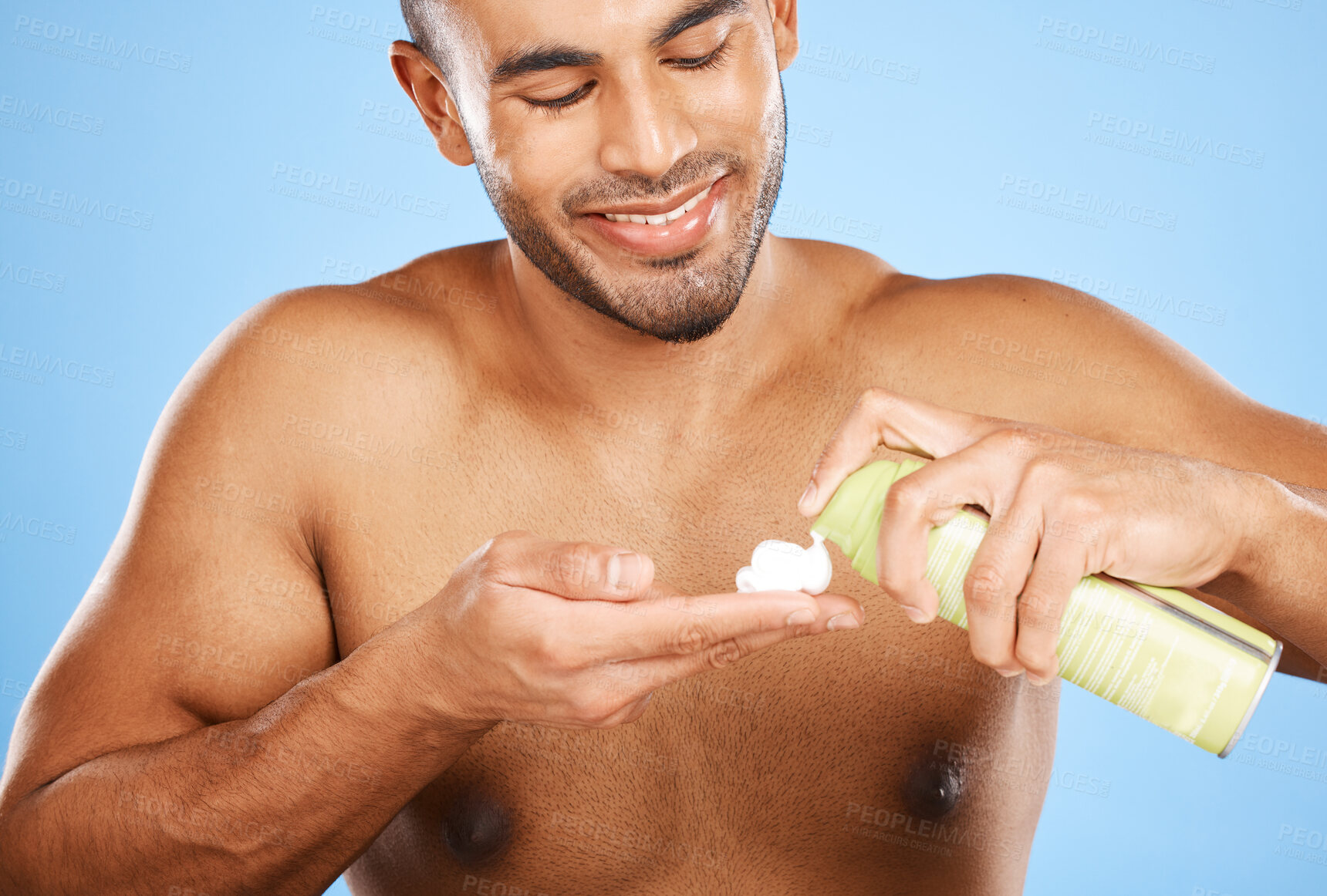 Buy stock photo Shaving cream, man and happy skincare of a happy person from Mexico with skin lotion. Beauty, wellness and body care and health of a latino model with a smile and happiness using face moisturiser 