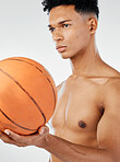 Sports, focus and black man or basketball player with ball for training game, fitness competition or practice match. Athlete motivation, health wellness and strong model ready for exercise workout