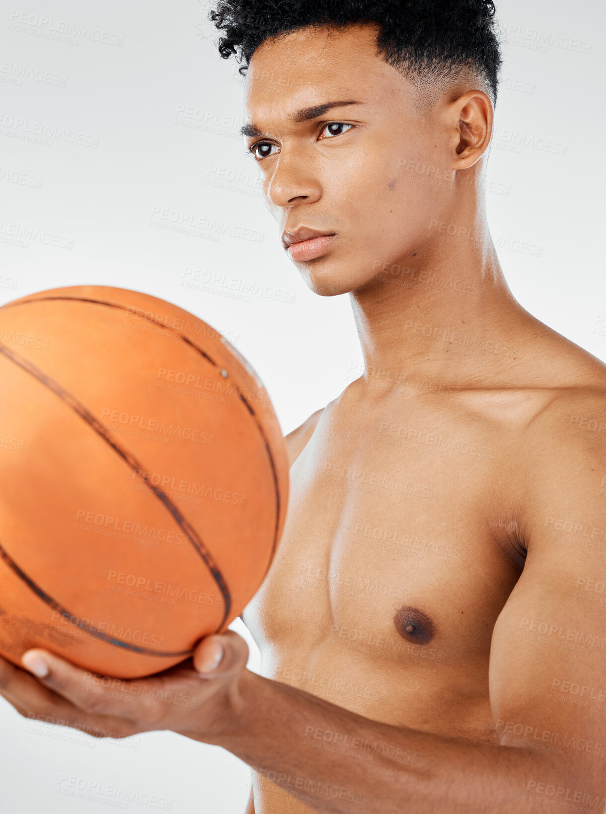 Buy stock photo Sports, focus and black man or basketball player with ball for training game, fitness competition or practice match. Athlete health motivation, thinking and strong model ready for exercise workout