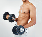 Man dumbbell exercise, workout fitness and strong athlete in white background studio. Sports training wellness, bodybuilder motivation goal strong power muscle health care with gym equipment.