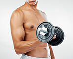 Fitness, strength and biceps of man with weight in hand doing exercise, training and workout. Motivation, inspiration and young male do weight lifting for strong body, torso isolated in white studio
