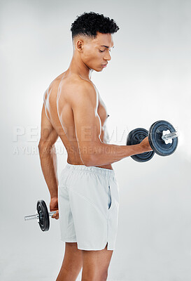 Buy stock photo Fitness, health and sports, man with dumbbells in weight training wellness workout, muscle building and strength. Exercise, gym and bodybuilder weightlifting for muscles, body and healthy lifestyle.