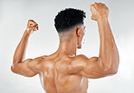 Strong back muscle, fitness and man with bodybuilding motivation for training, arm exercise and flex workout results. Body health, bodybuilder mindset and toned sports athlete on white background