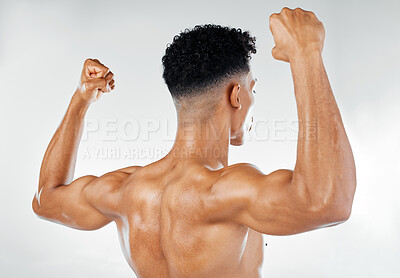 Buy stock photo Strong back muscle, fitness and man with bodybuilding motivation for training, arm exercise and flex workout results. Body health, bodybuilder mindset and toned sports athlete on white background