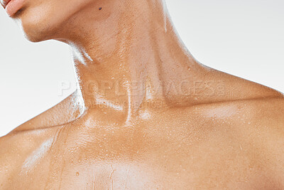 Buy stock photo Skincare, neck and man in studio for beauty, wellness and hydration closeup against a white background. Fitness, exercise and throat skin care by model, sweat and cosmetic, moisture and serum product
