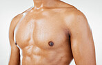 Fitness, man and chest in studio closeup for health, wellness and muscle against a white background with mockup. Stomach, skincare and guy model torso for six pack, beauty and grooming with mock up