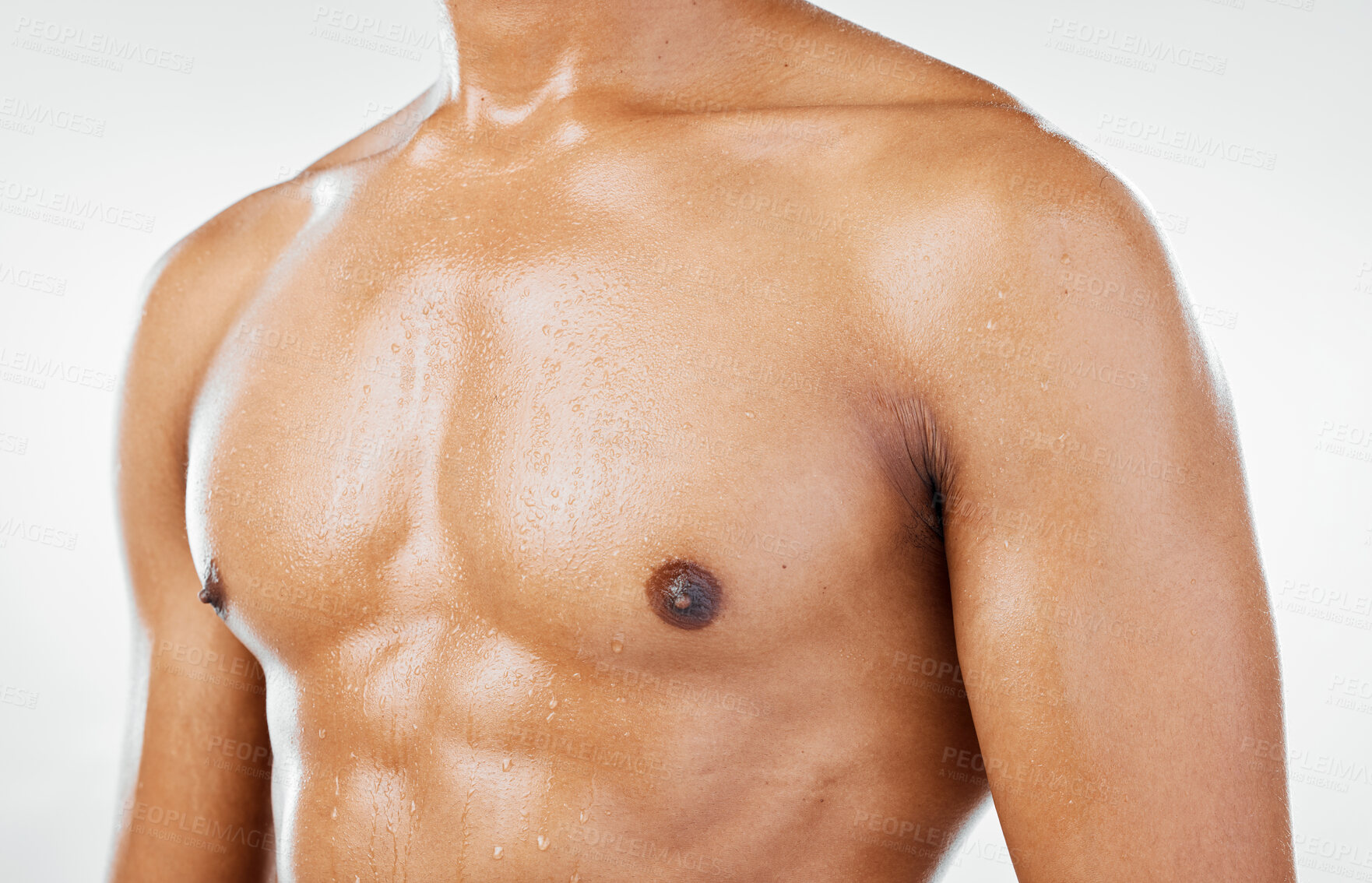 Buy stock photo Fitness, man and chest in studio closeup for health, wellness and muscle against a white background with mockup. Stomach, skincare and guy model torso for six pack, beauty and grooming with mock up