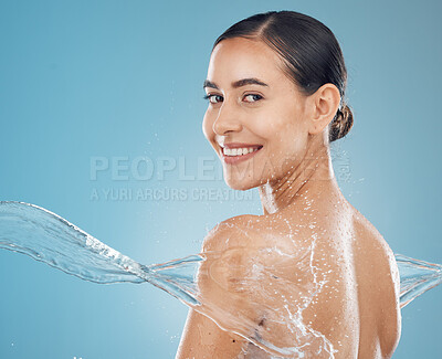 Buy stock photo Water, skincare and beauty model splash cleaning skin for body wellness and health from washing. Portrait of a happy and healthy woman from New York with a smile to show happiness and satisfaction
