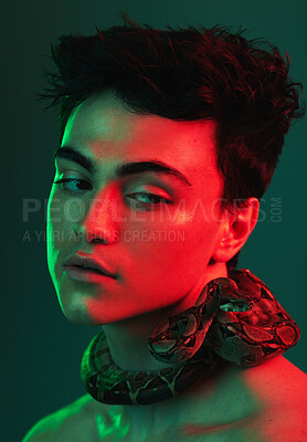 Buy stock photo Beauty light, snake and face of model with creative color fashion, red neon lighting and luxury facial skincare. Creativity, individuality and aesthetic man with python on green studio background