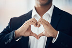 Businessman, hands and heart for love, thank you or symbol for message, icon or say for relationship. Romantic man with hand sign or voice in hearty shape emoji for loving, care or romance gesture